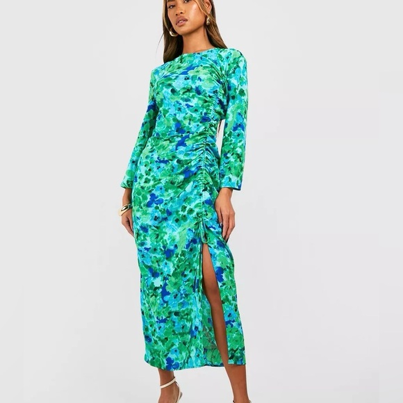 Zara dress midi Floral ruched long sleeve green blue boho summer vacation - Picture 2 of 7